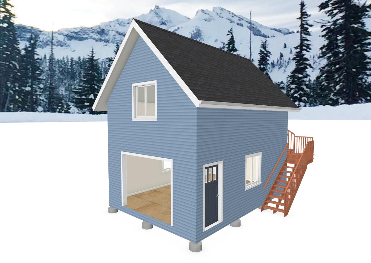 Garage loft cabin 3D exterior render in winter mountain setting